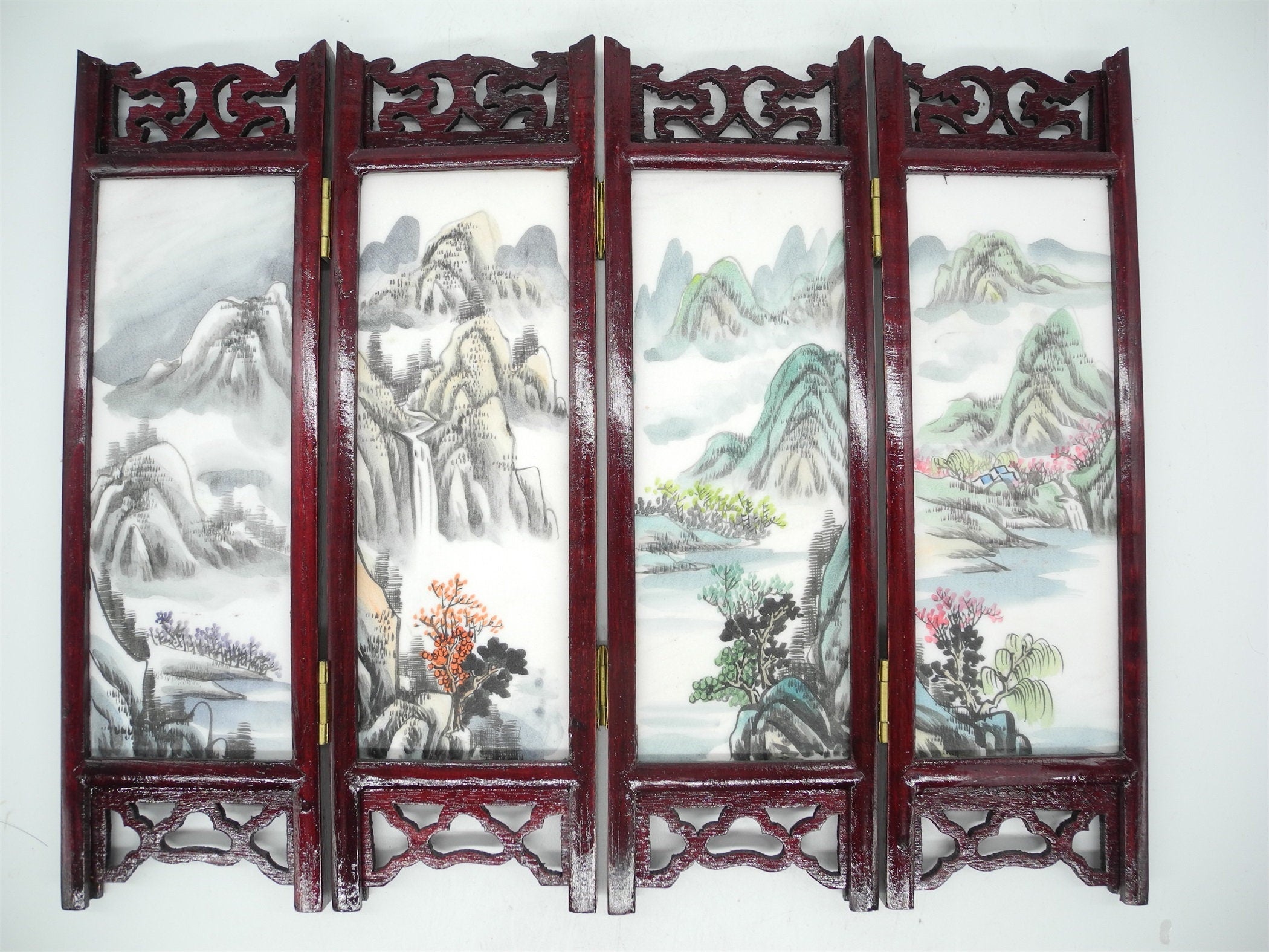 Vtg Marble Asian Decorative Table Folding Screen, hand painted, Asian Interior,