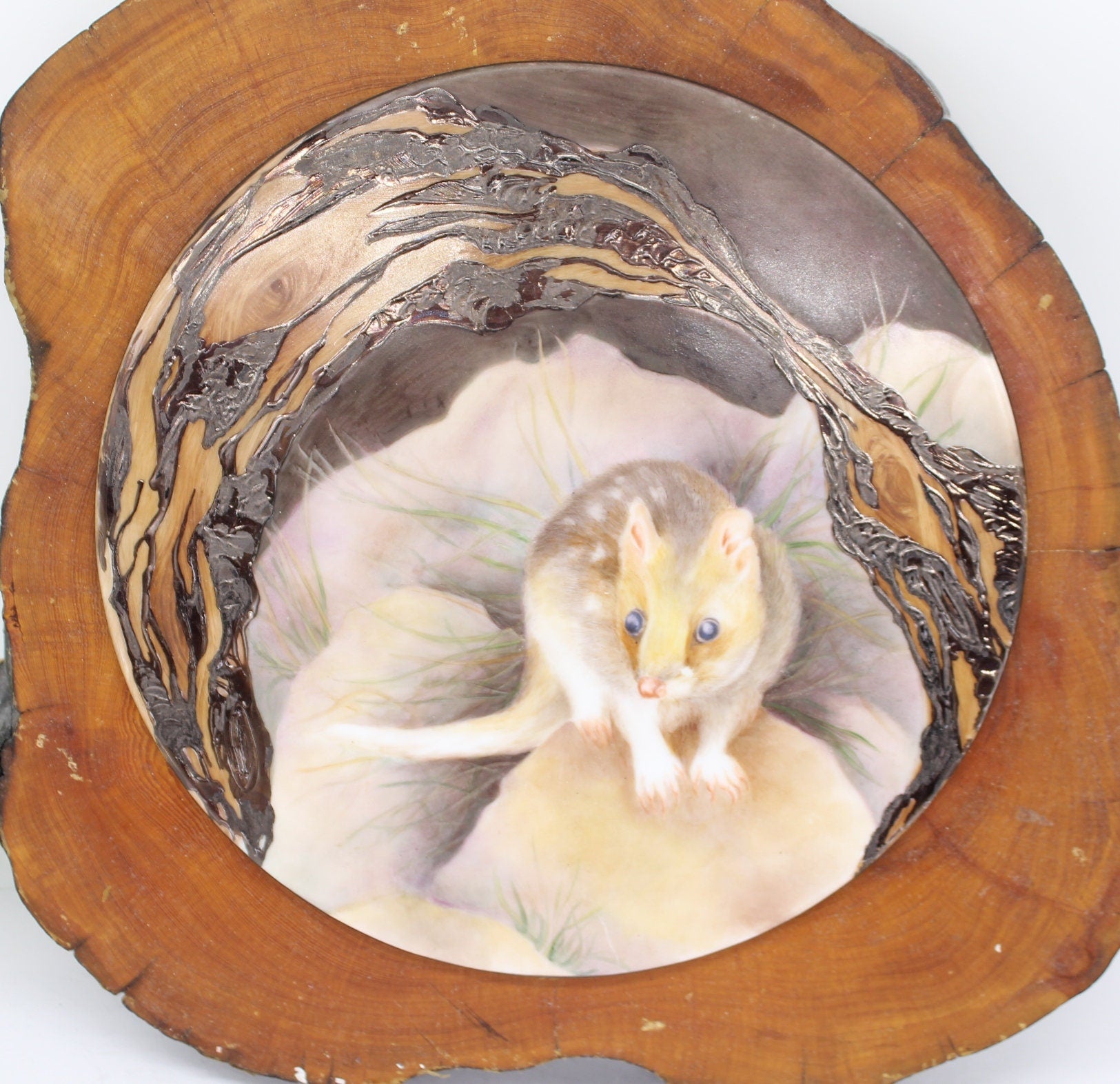Sigend Painting on Plate with Wooden slice , Home Decor