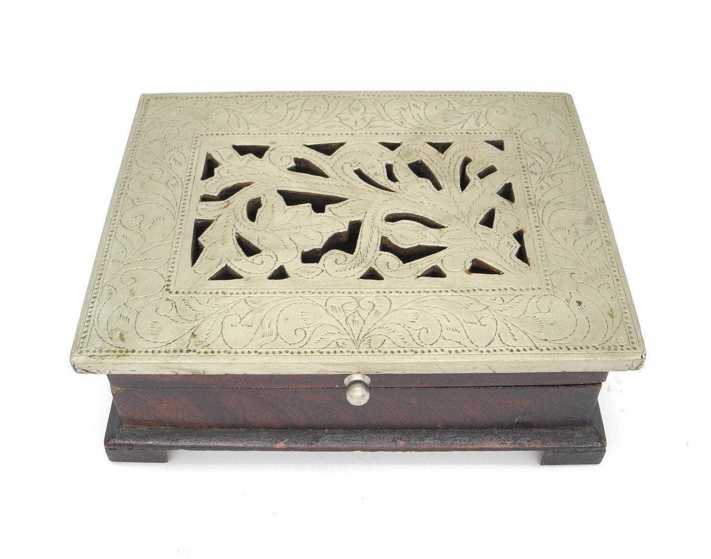 Vintage Wooden Trinket  Box with Silver colour Metal Cover , Trinket Box, Wooden Box, Dresser Box