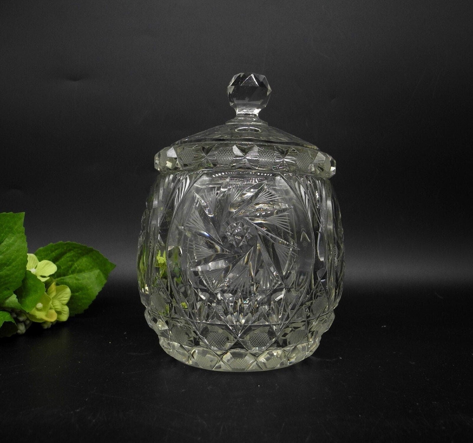 Vtg Crystal Hand Cut Lidded Jar, Home Decor