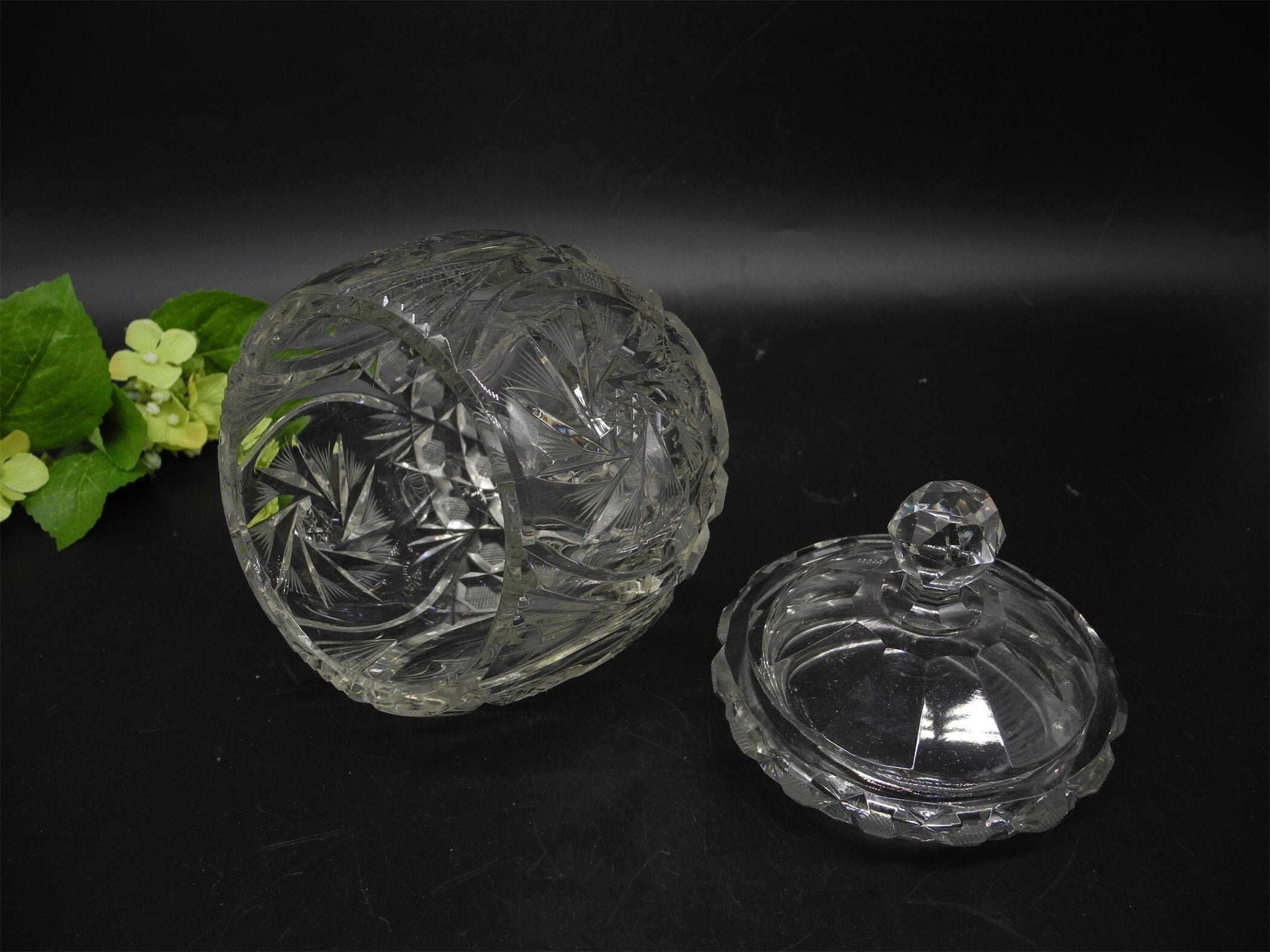 Vtg Crystal Hand Cut Lidded Jar, Home Decor