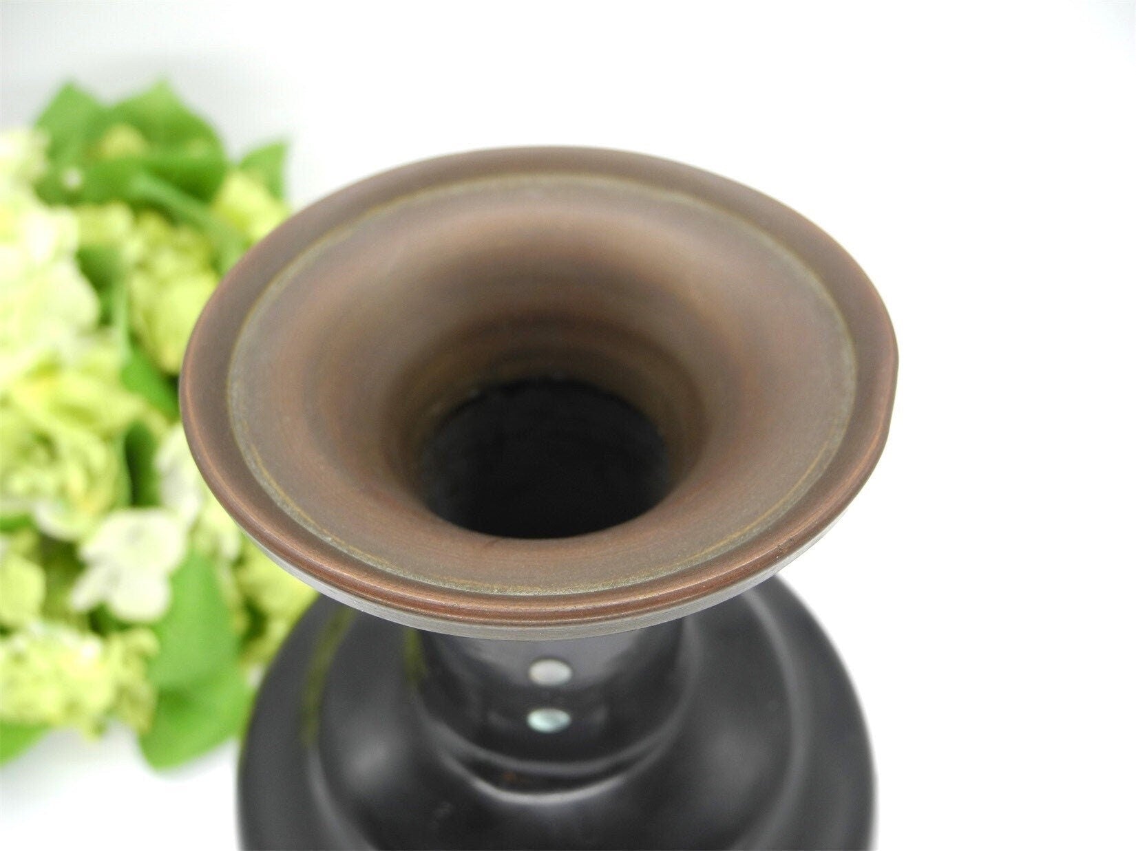 Vtg Brass Vase with Black Enamel with Inlaid Abalone Shell, Chinese Vase, Vase