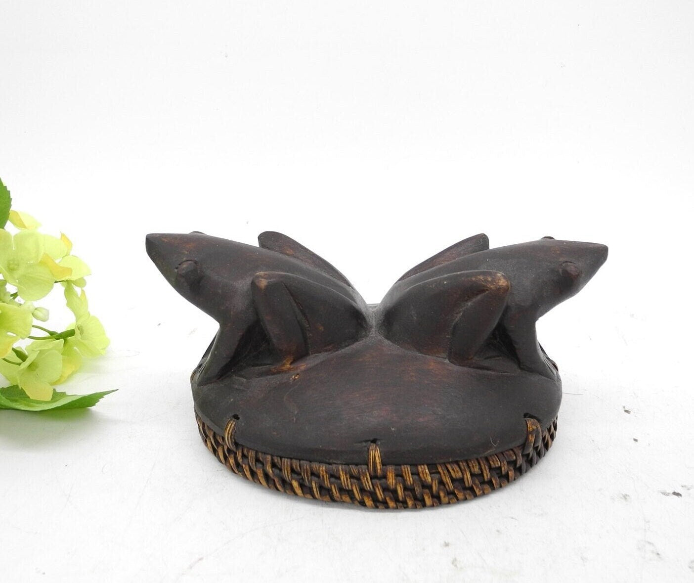 Vtg Frog Figurine Cover Lid, Wooden