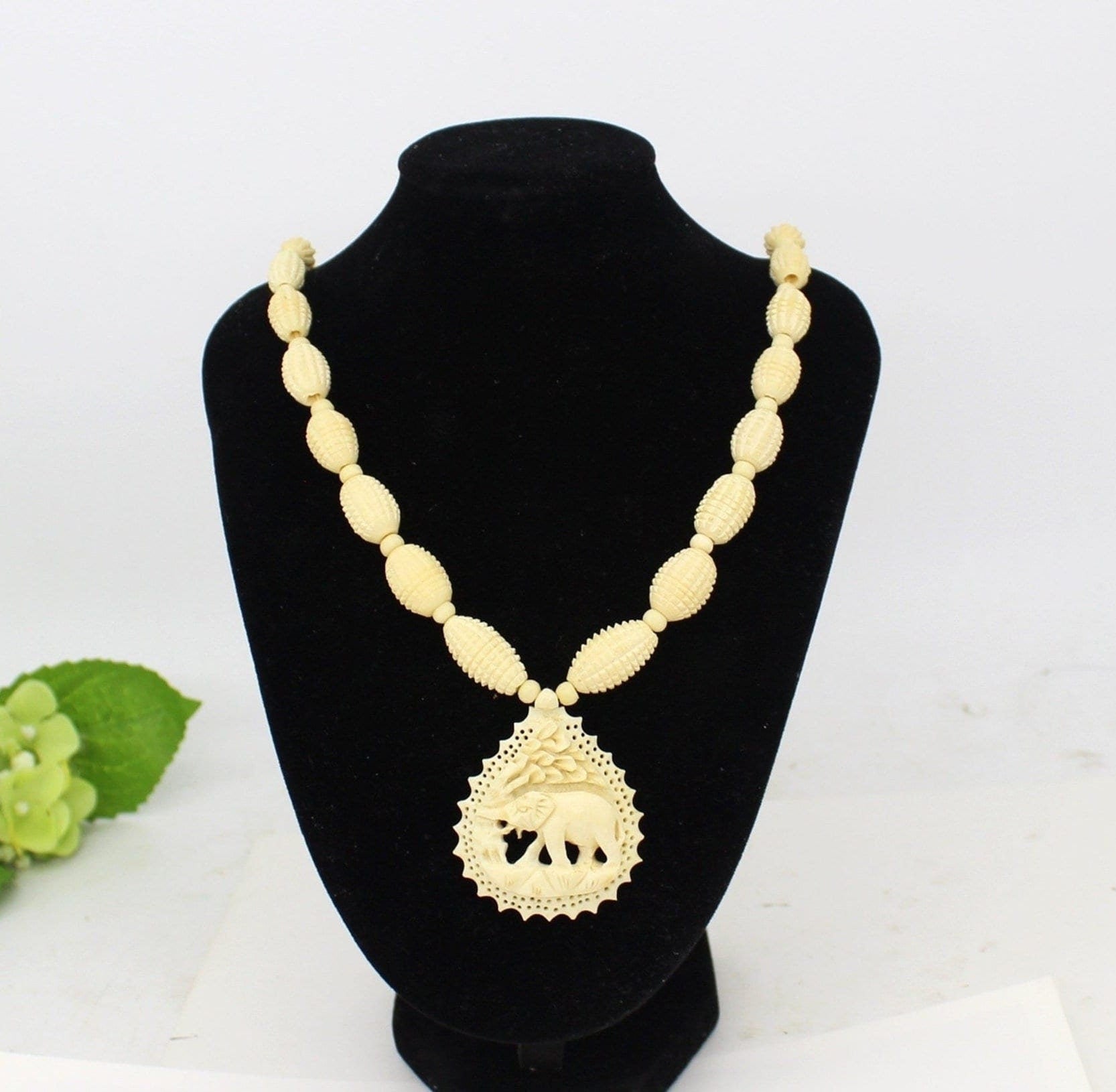 Vtg Bovine Bone Carved Elephant Panel & Carved Bead Long Necklace