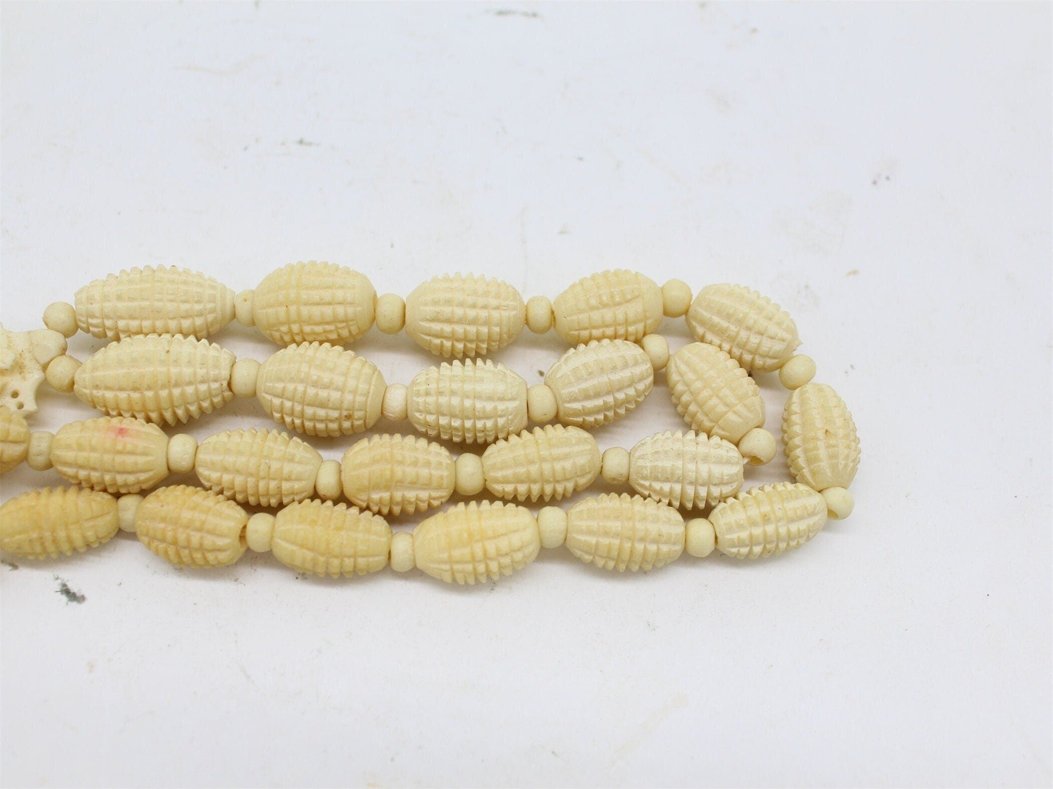 Vtg Bovine Bone Carved Elephant Panel & Carved Bead Long Necklace