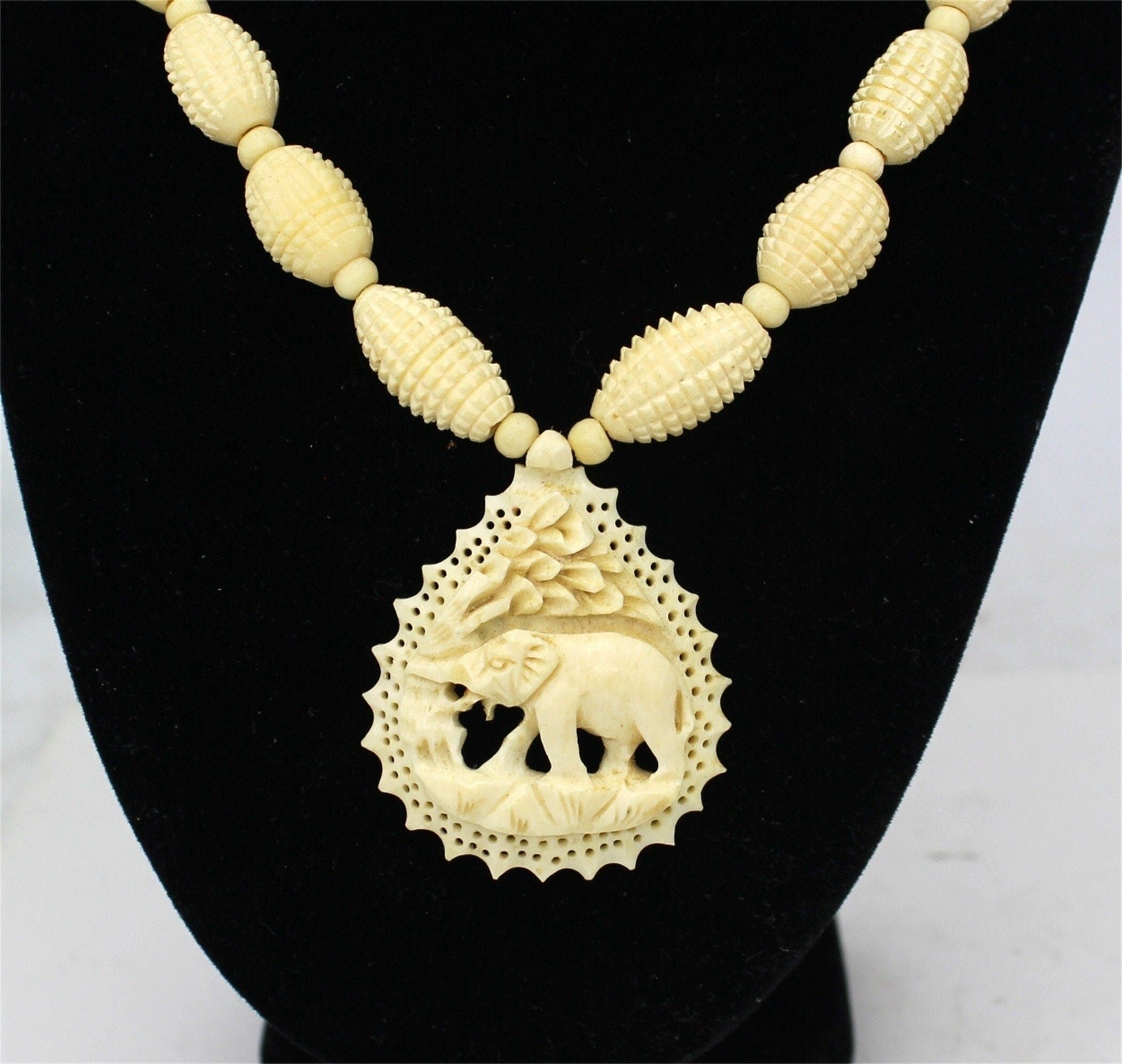 Vtg Bovine Bone Carved Elephant Panel & Carved Bead Long Necklace