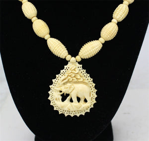 Vtg Bovine Bone Carved Elephant Panel & Carved Bead Long Necklace