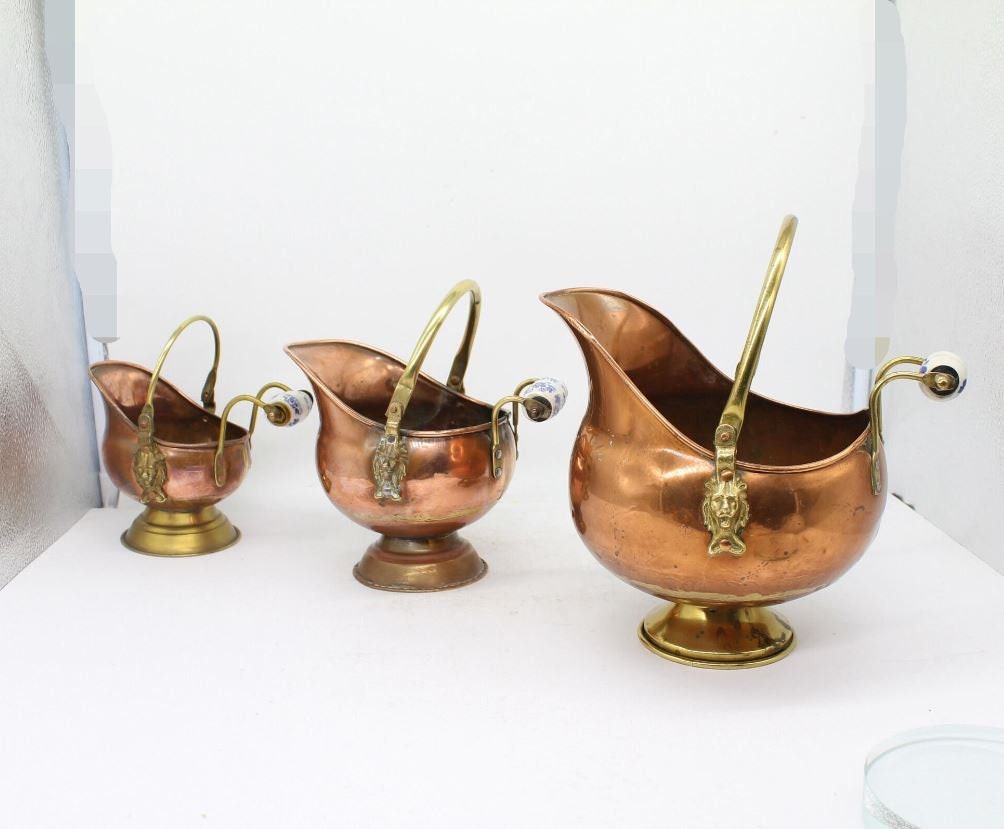 3x Copper Coal Scuttles, Home décor