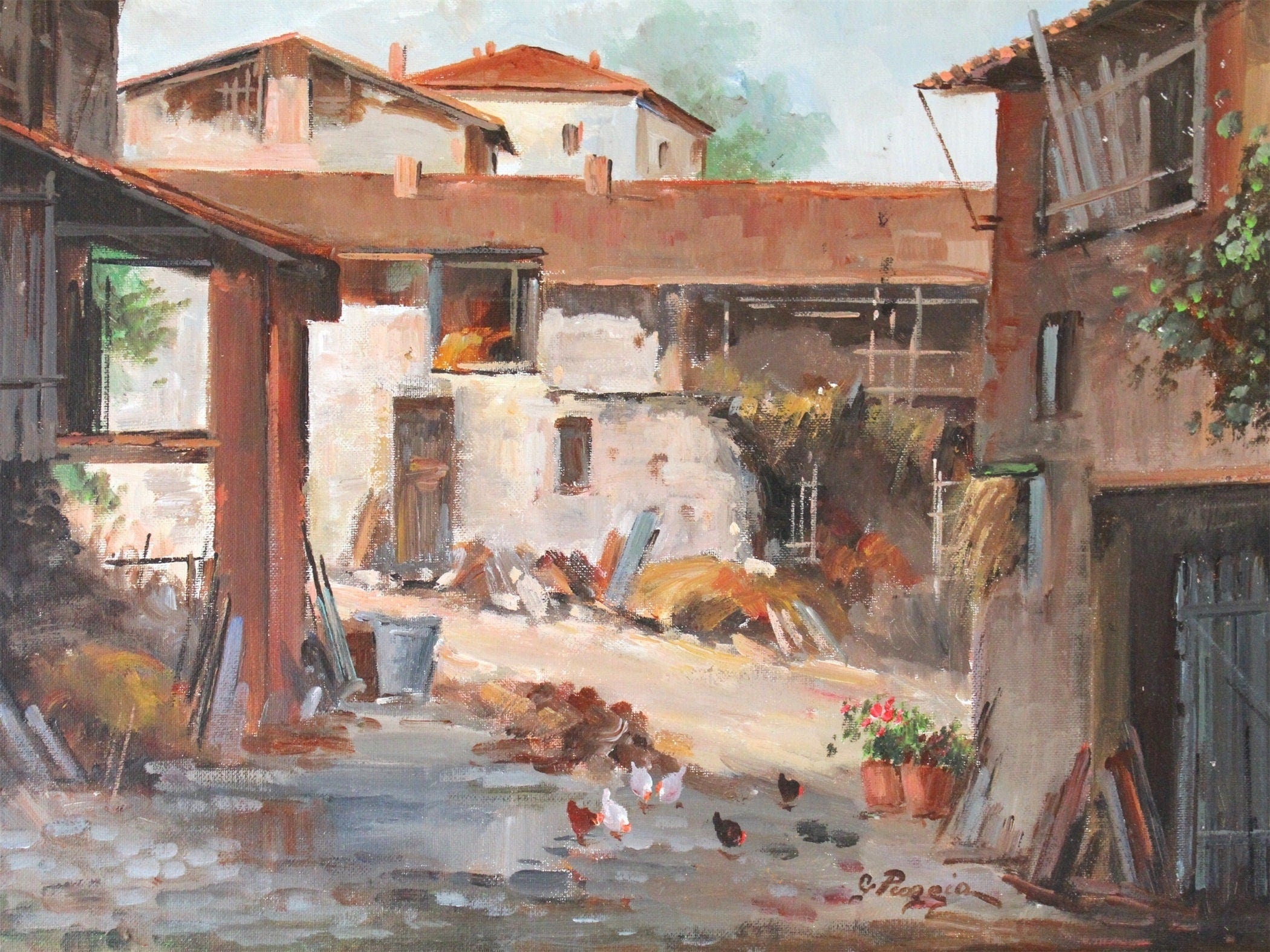 Sigend Oil Painting of European Village Scene,