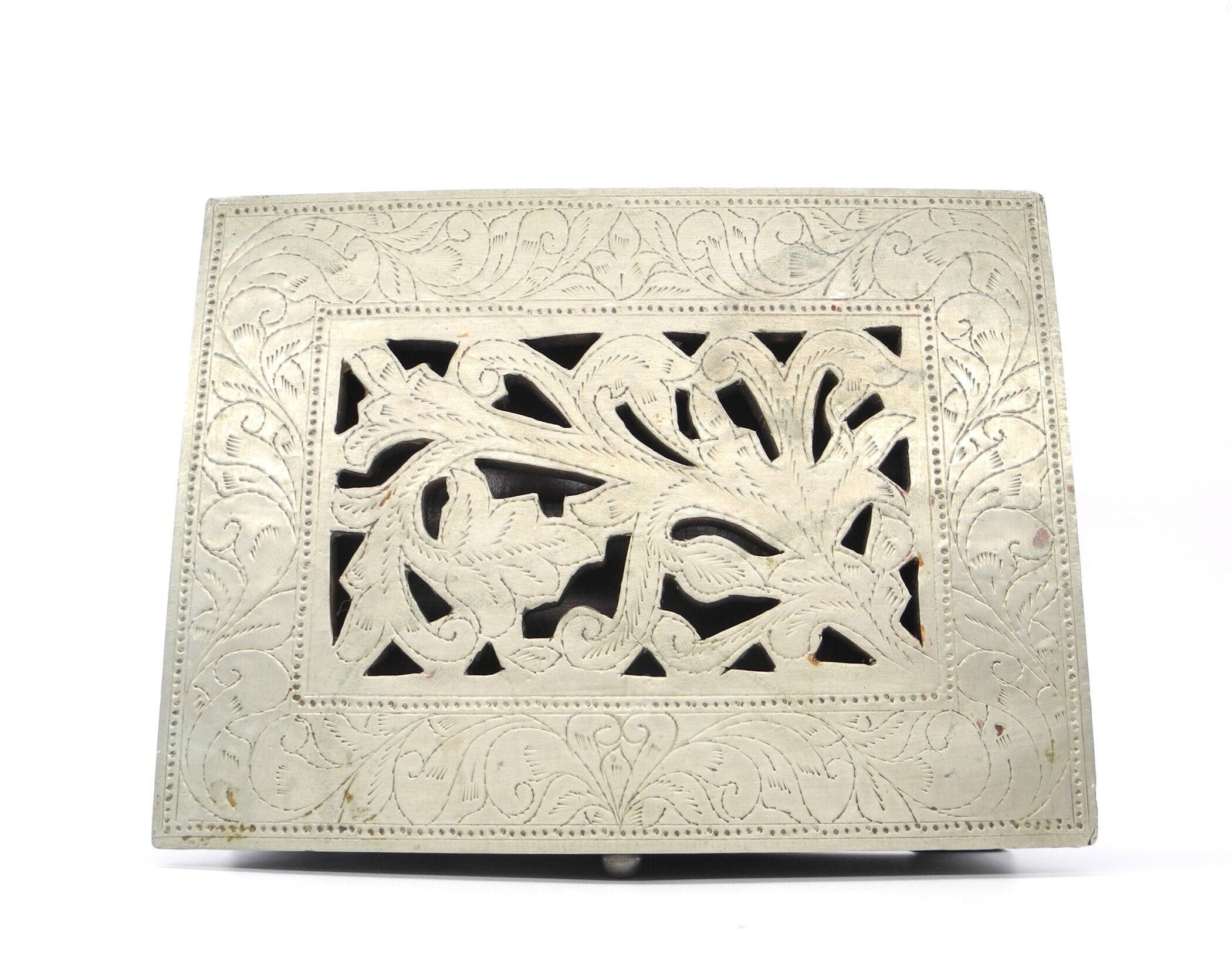 Vintage Wooden Trinket  Box with Silver colour Metal Cover , Trinket Box, Wooden Box, Dresser Box