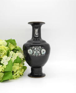 Vtg Brass Vase with Black Enamel with Inlaid Abalone Shell, Chinese Vase, Vase