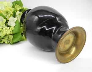 Vtg Brass Vase with Black Enamel with Inlaid Abalone Shell, Chinese Vase, Vase