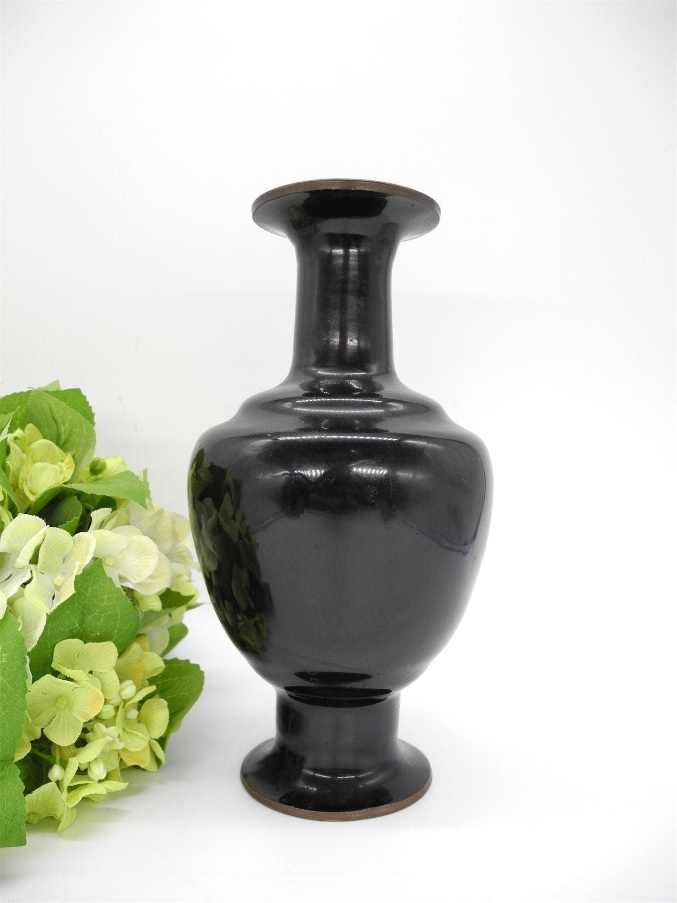 Vtg Brass Vase with Black Enamel with Inlaid Abalone Shell, Chinese Vase, Vase