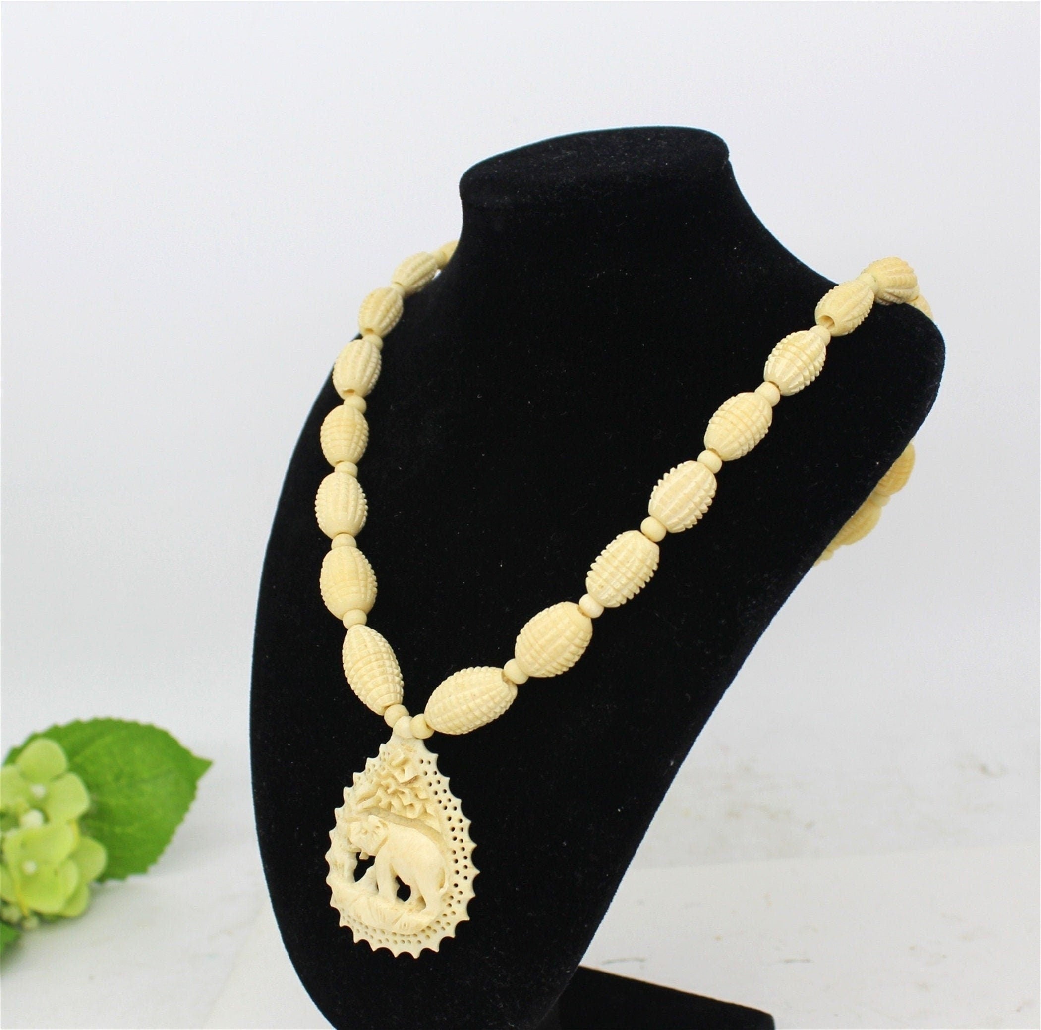 Vtg Bovine Bone Carved Elephant Panel & Carved Bead Long Necklace