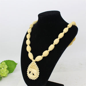 Vtg Bovine Bone Carved Elephant Panel & Carved Bead Long Necklace