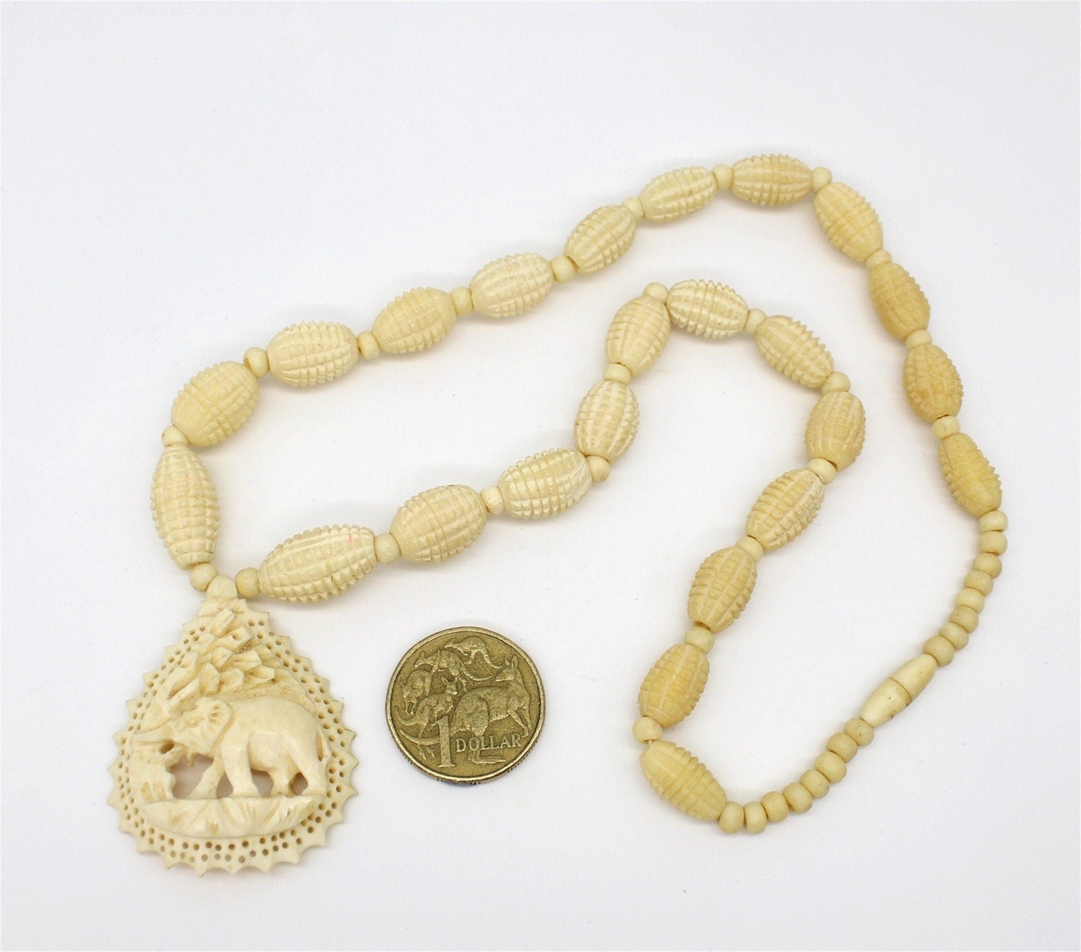 Vtg Bovine Bone Carved Elephant Panel & Carved Bead Long Necklace