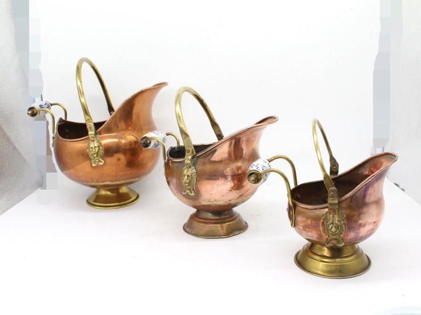 3x Copper Coal Scuttles, Home décor