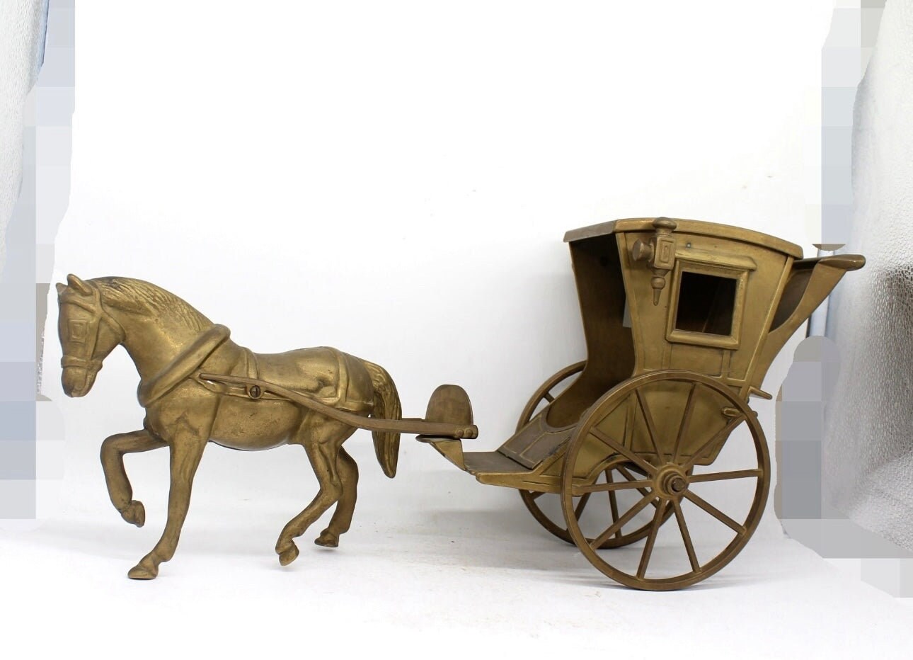 XL 60cmL 4.5kg Antique Solid Brass Horse Pulling Carriage,