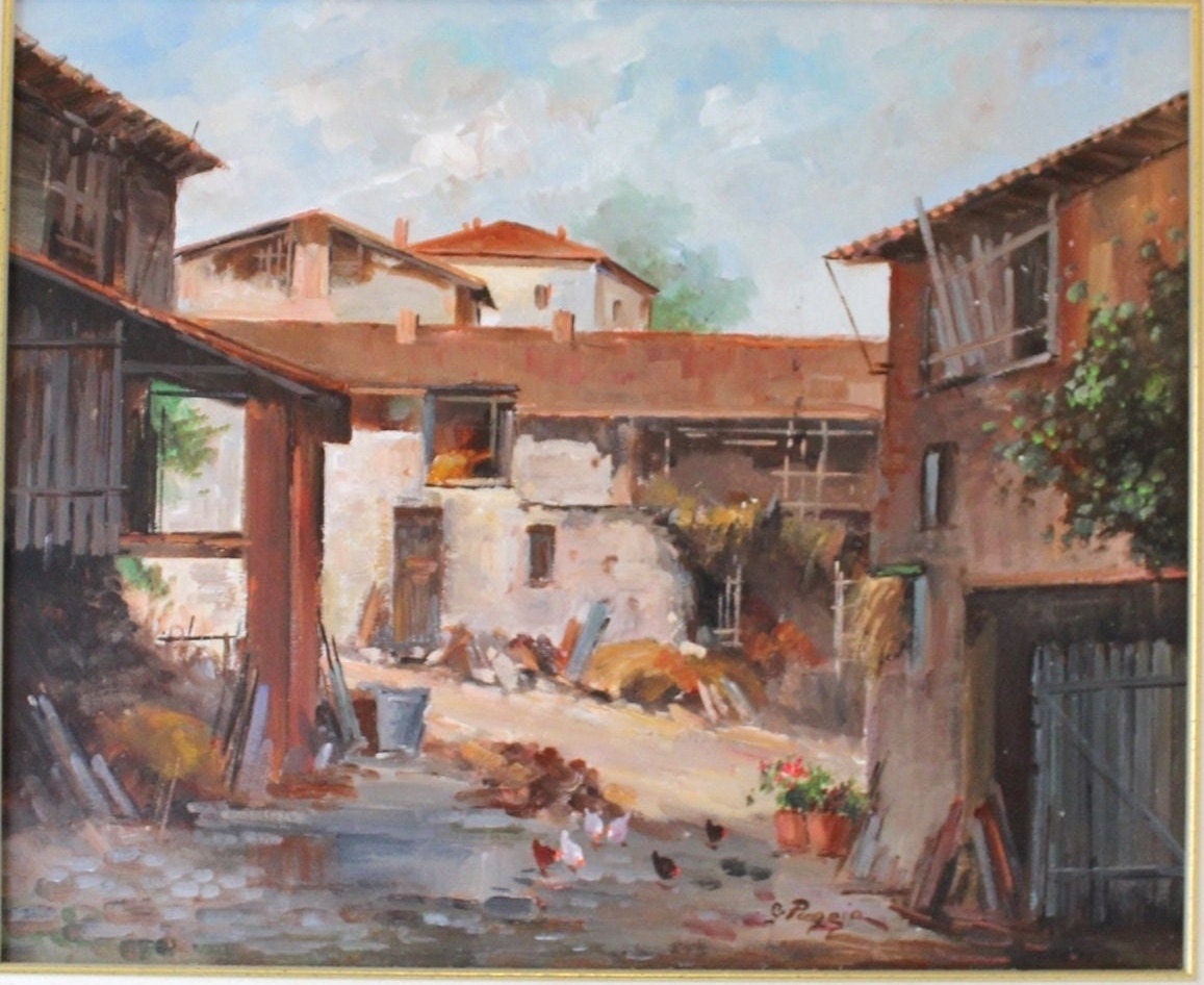 Sigend Oil Painting of European Village Scene,