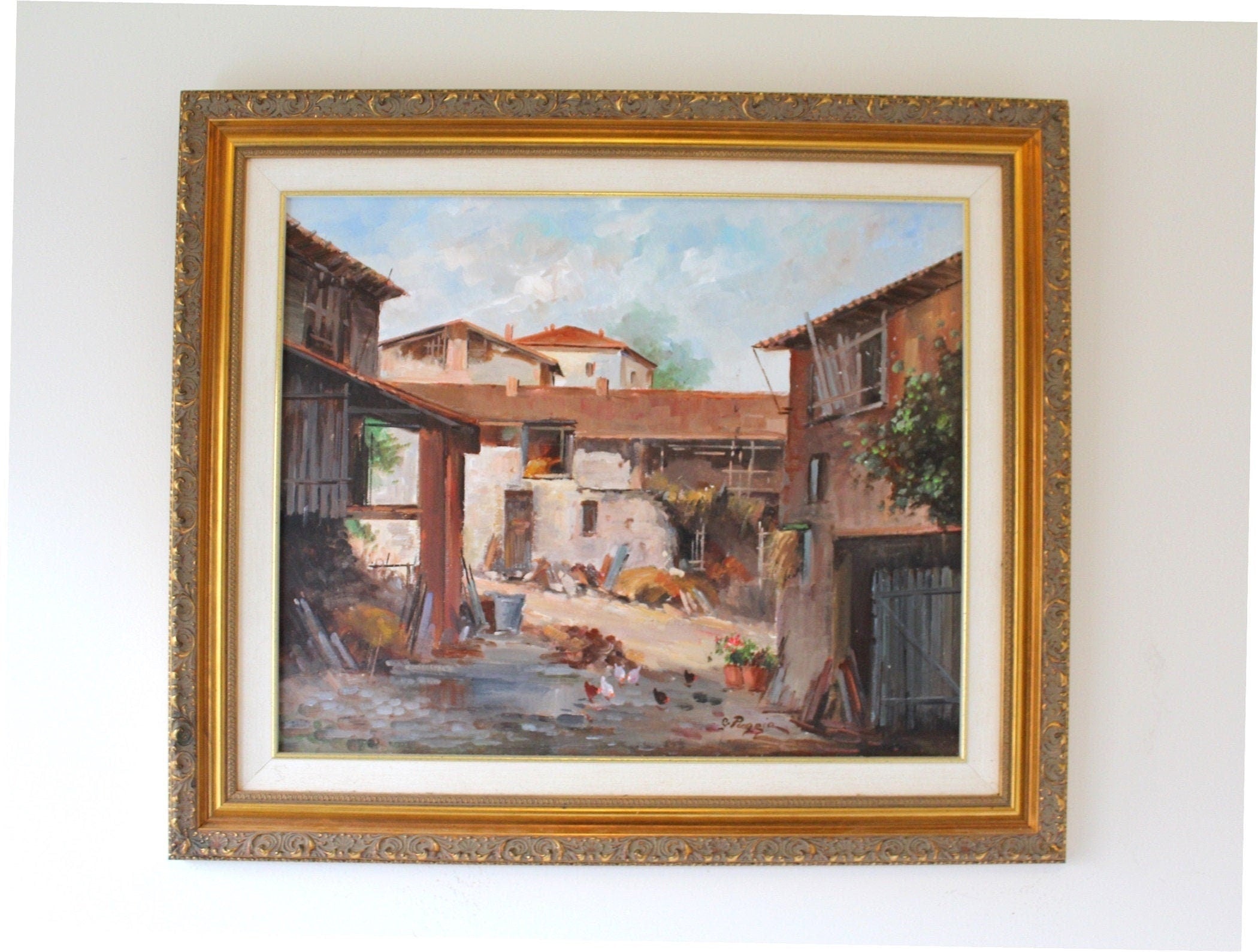 Sigend Oil Painting of European Village Scene,