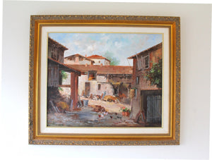 Sigend Oil Painting of European Village Scene,
