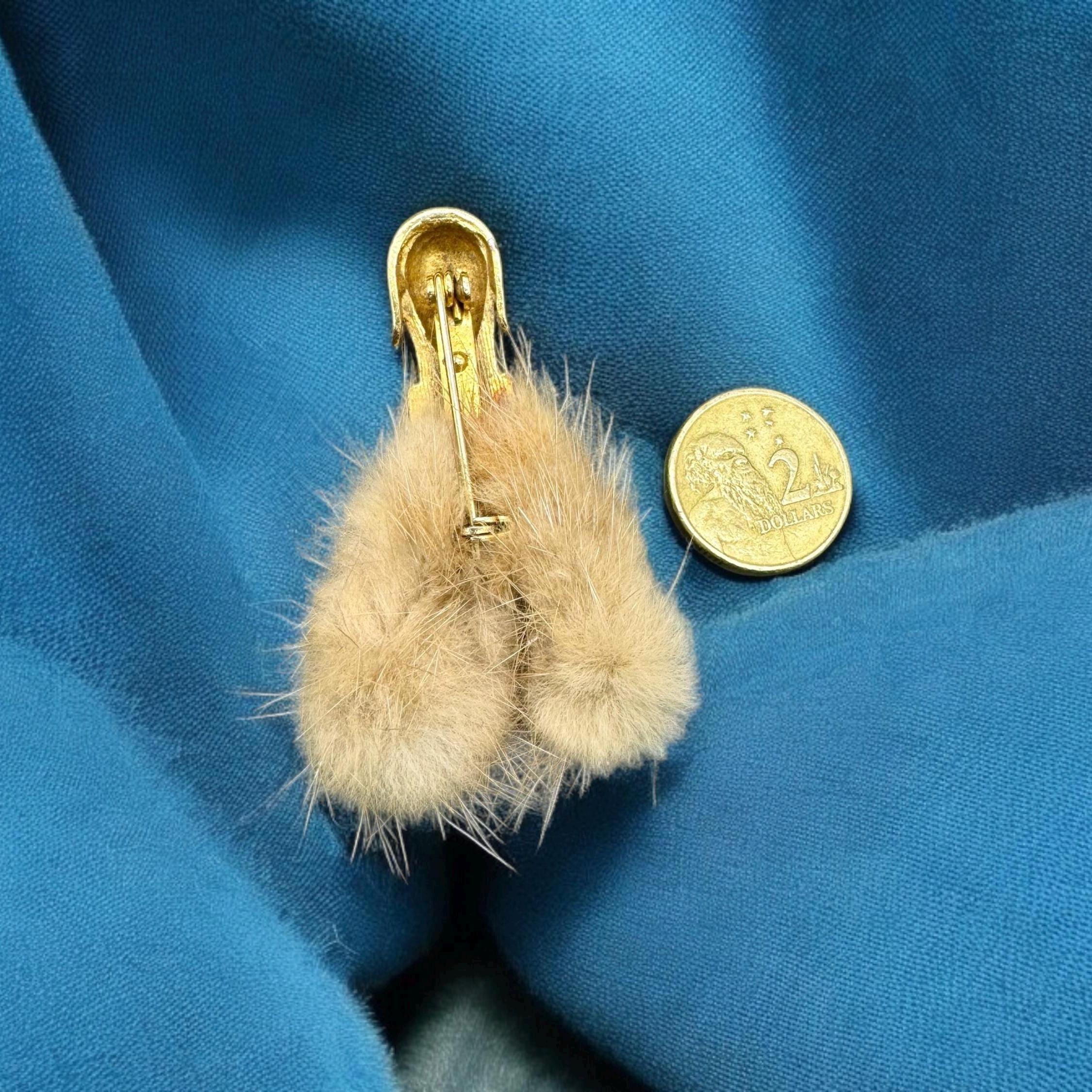 Vintage Mink Poodle Brooch, Vintage 1970's Mink Dog Brooch, Red Rhinestone Fur Dog Brooch, Vintage Brooch Gift