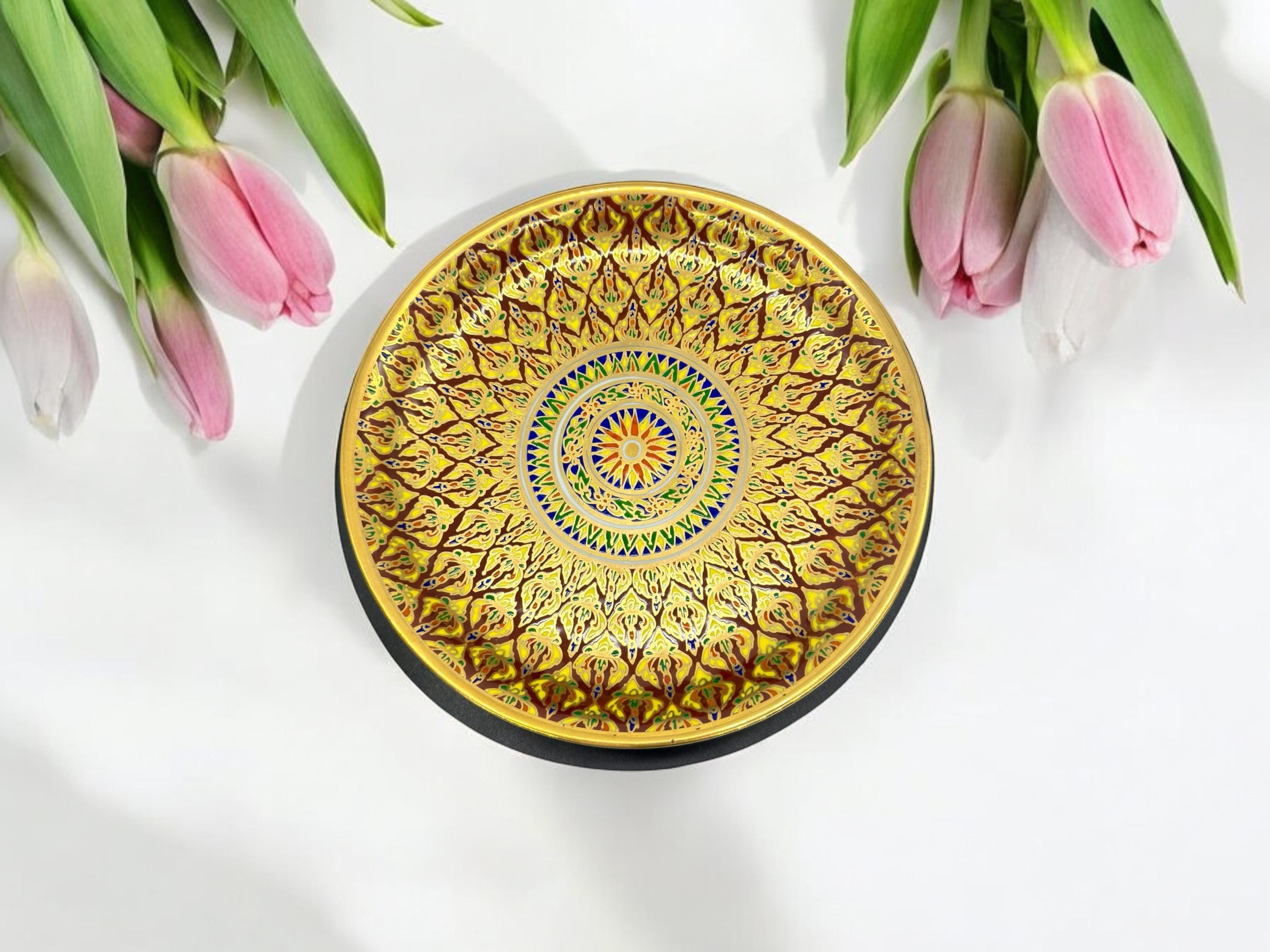 2 P Thai Gold Tone BENJARONG Porcelain  pot/vase with  plate base hand painted