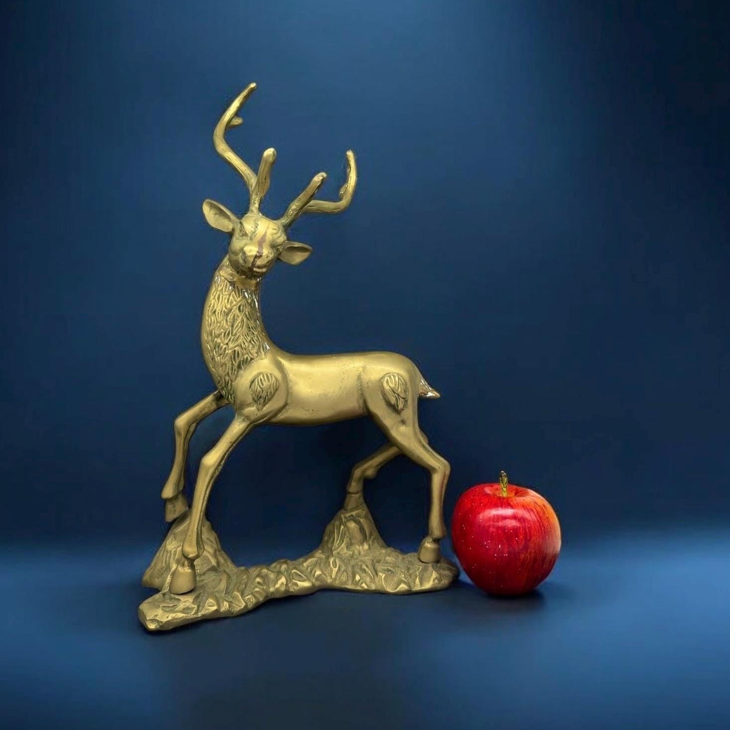 Hollywood Regency Cast Polished Brass Standing Stag Sculpture