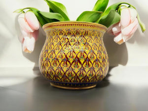 2 P Thai Gold Tone BENJARONG Porcelain  pot/vase with  plate base hand painted