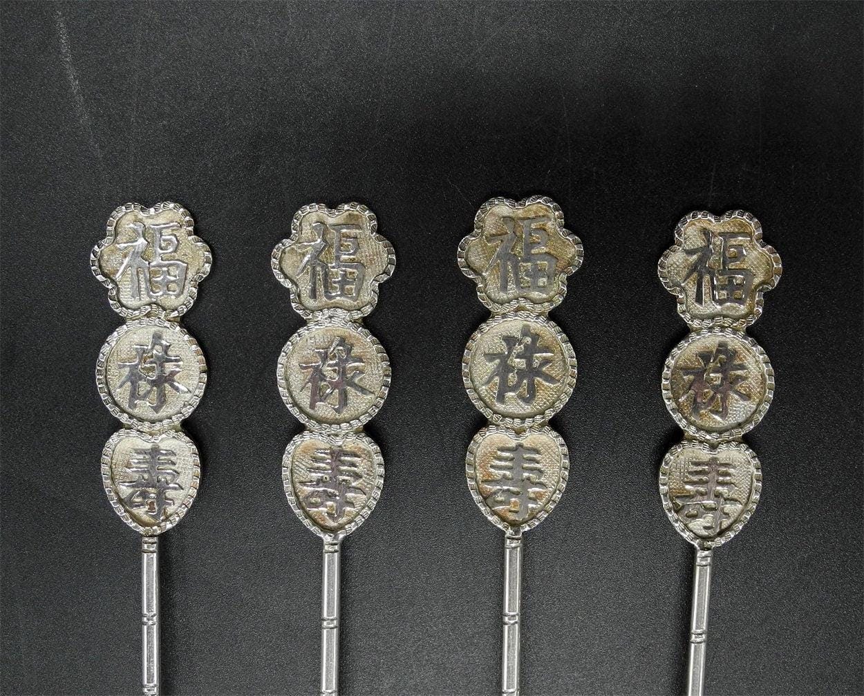 4x Vtg Sterling Silver Spoon, Longevity, Good Luck, Happinesses,