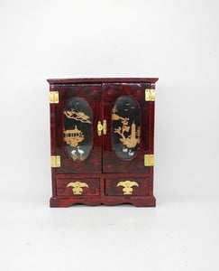 Vtg Asian Jewelry cabinet with Cork Carving Landscaping, Jewelry Wooden Cabinet,  Mini Chest ,