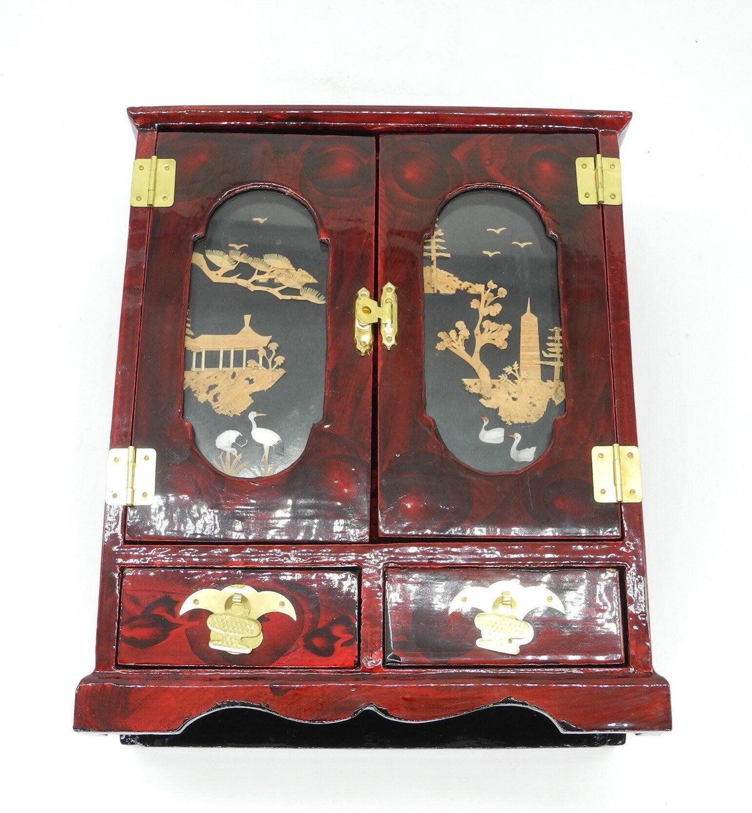 Vtg Asian Jewelry cabinet with Cork Carving Landscaping, Jewelry Wooden Cabinet,  Mini Chest ,