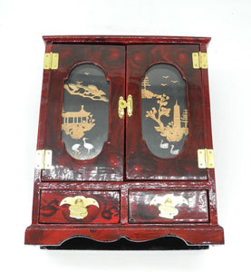 Vtg Asian Jewelry cabinet with Cork Carving Landscaping, Jewelry Wooden Cabinet,  Mini Chest ,