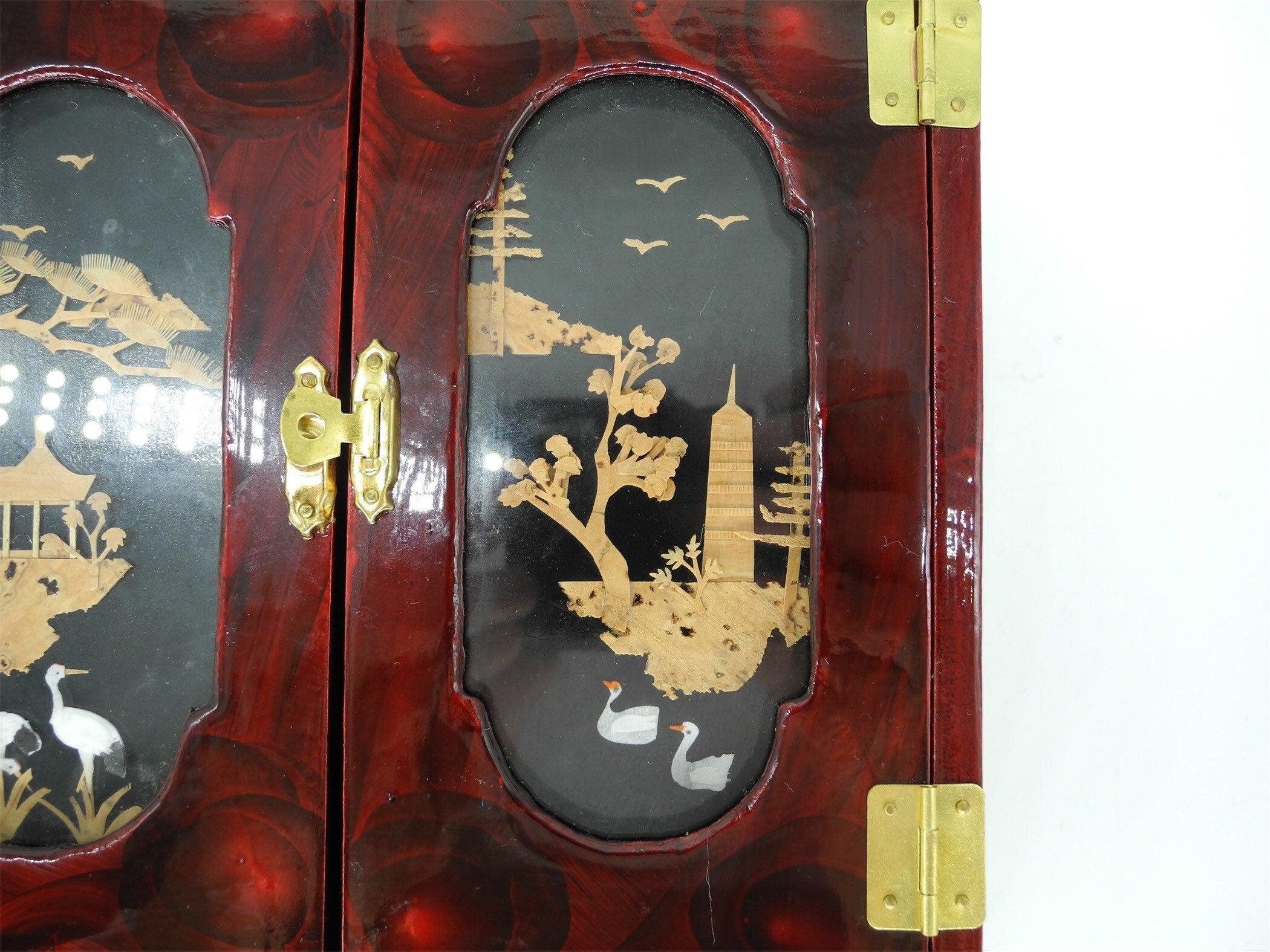 Vtg Asian Jewelry cabinet with Cork Carving Landscaping, Jewelry Wooden Cabinet,  Mini Chest ,
