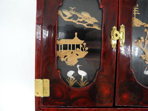 Vtg Asian Jewelry cabinet with Cork Carving Landscaping, Jewelry Wooden Cabinet,  Mini Chest ,