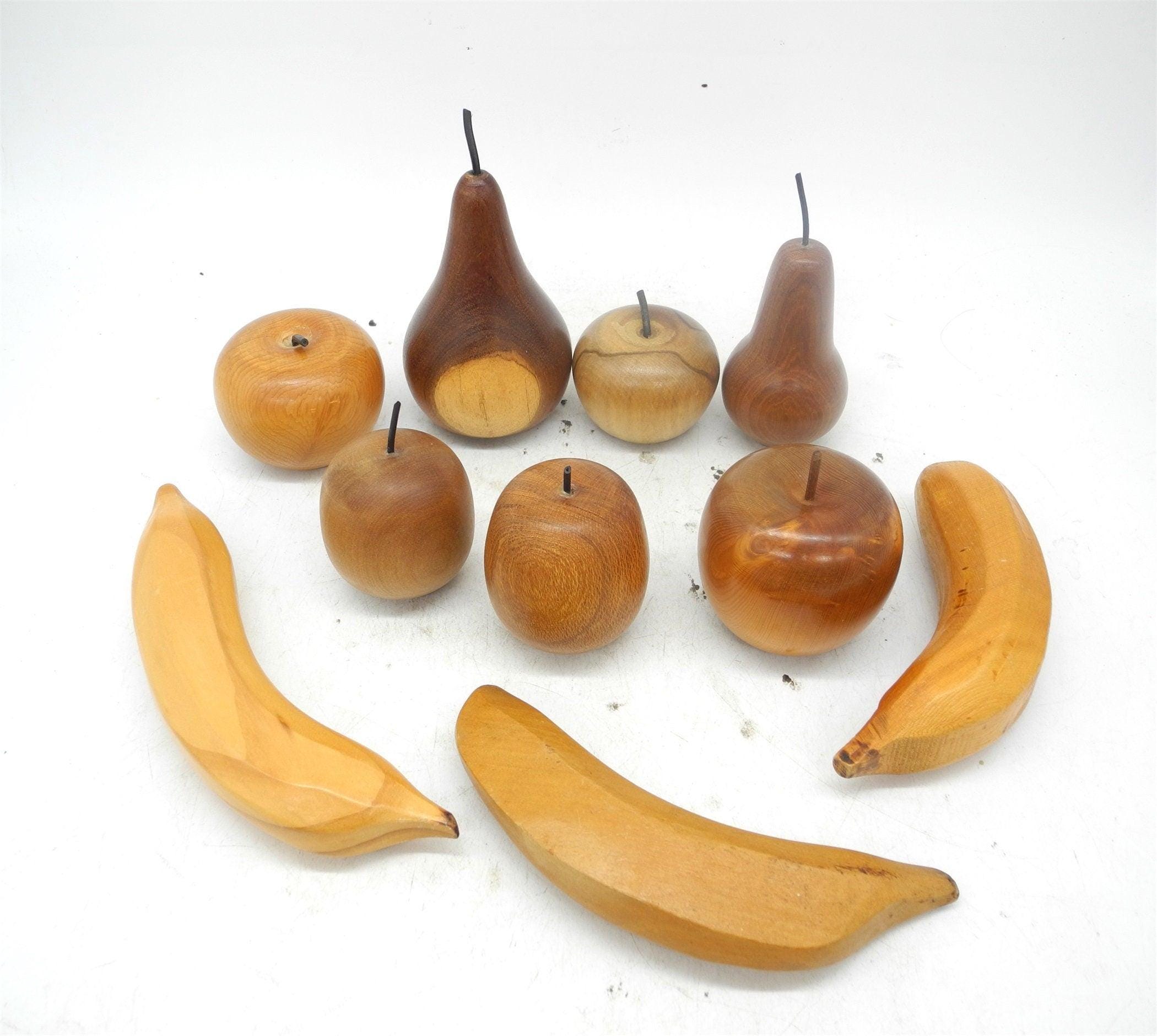 10P Hand Carved Wooden Fruit with Rattan Bowl/basket,Fruit Bowl,Wooden Decor,Carved Fruits,Wooden Pear,Kitchen Decor
