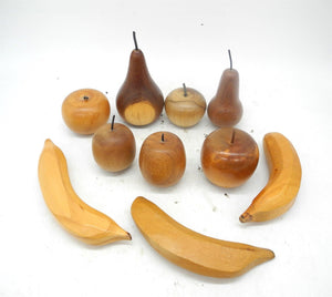10P Hand Carved Wooden Fruit with Rattan Bowl/basket,Fruit Bowl,Wooden Decor,Carved Fruits,Wooden Pear,Kitchen Decor
