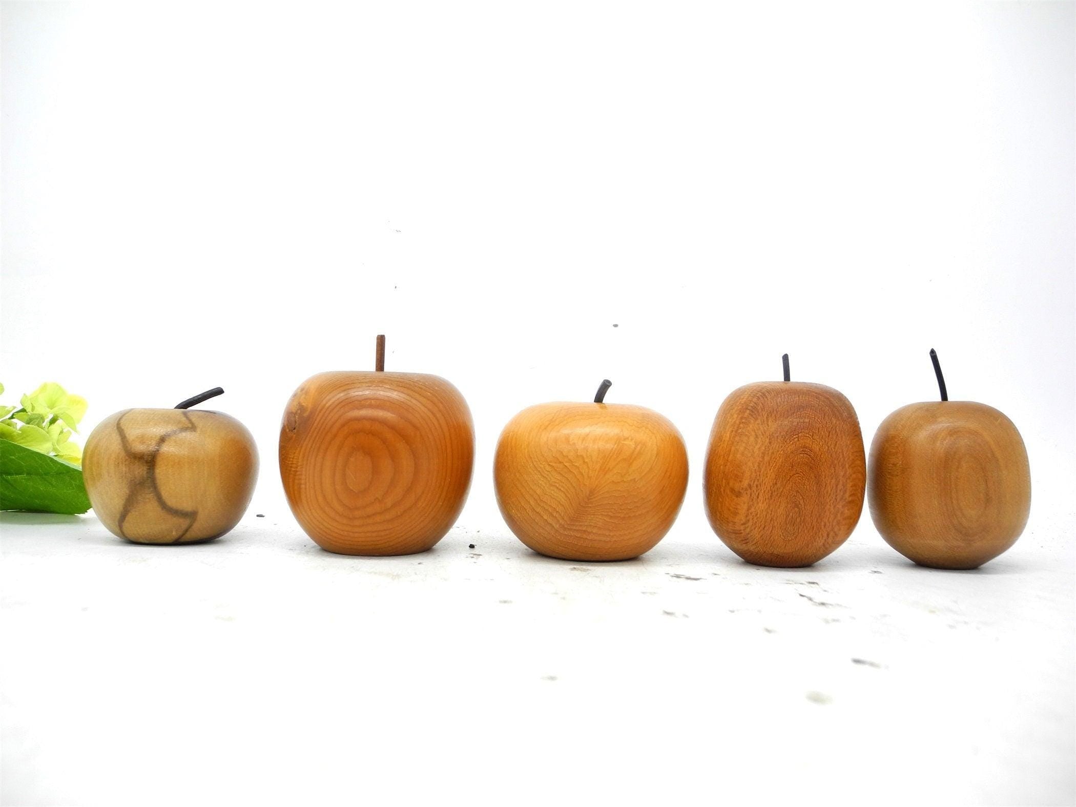 10P Hand Carved Wooden Fruit with Rattan Bowl/basket,Fruit Bowl,Wooden Decor,Carved Fruits,Wooden Pear,Kitchen Decor