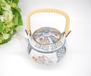 Vtg Japanese Porcelain Tea Pot, Ratten Handle,Oriental Tea Pot, Tea Pot, Kitchenware