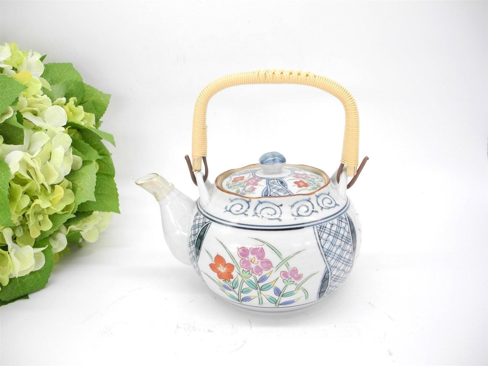Vtg Japanese Porcelain Tea Pot, Ratten Handle,Oriental Tea Pot, Tea Pot, Kitchenware