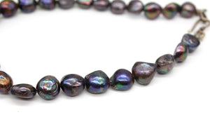 Black Peacock Baroque Pearl Necklace in a natural Purple Green Colour, Sterling Silver, Nugget Baroque Pearls, Freshwater,