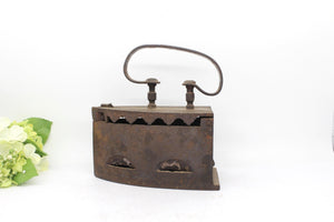 Antique Rustic Coal Iron With Unusual Rusty Handle & Decorative Sides.