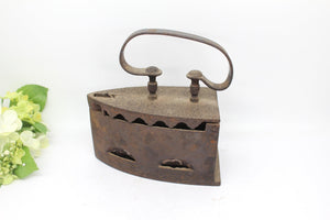 Antique Rustic Coal Iron With Unusual Rusty Handle & Decorative Sides.