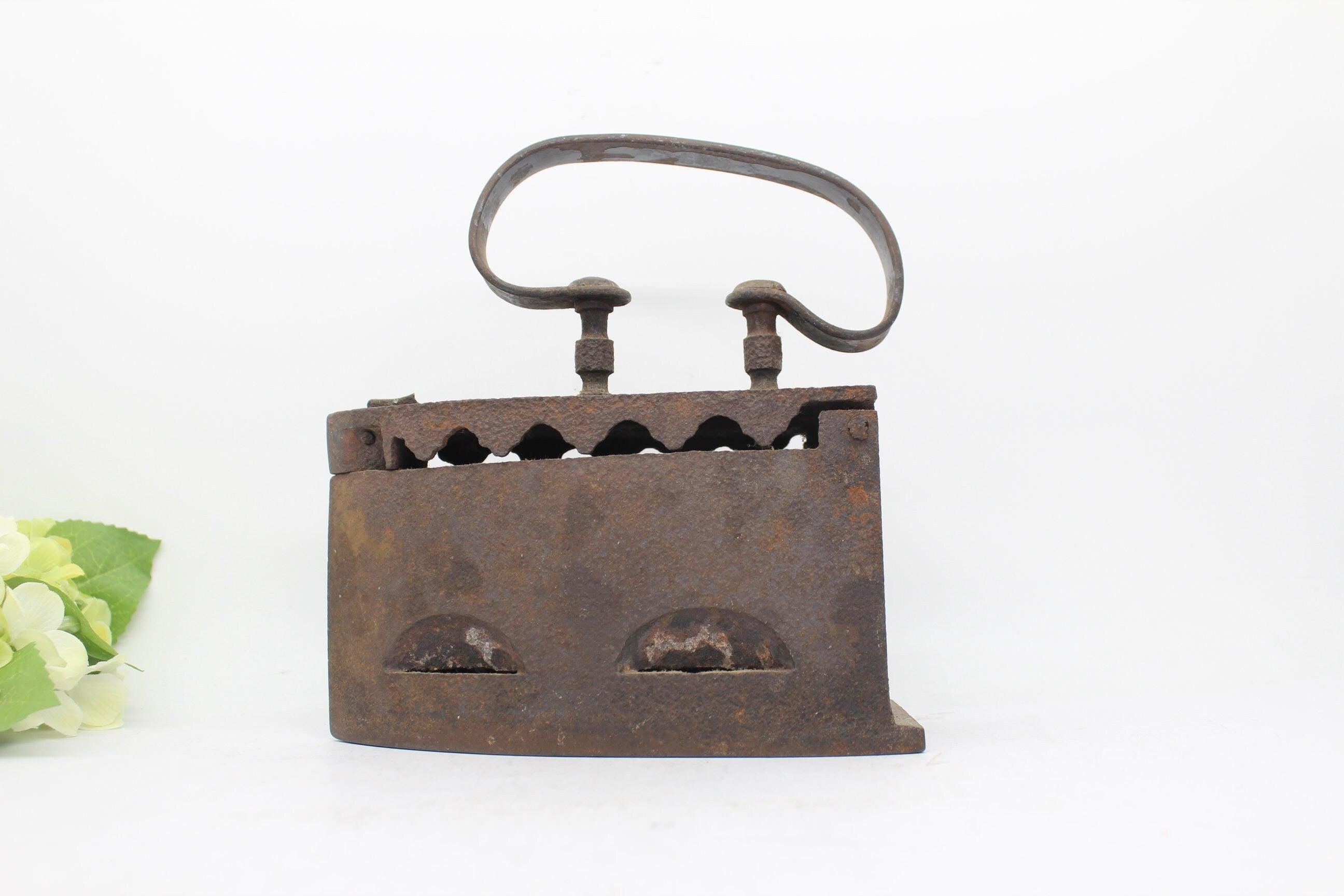 Antique Rustic Coal Iron With Unusual Rusty Handle & Decorative Sides.