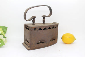 Antique Rustic Coal Iron With Unusual Rusty Handle & Decorative Sides.