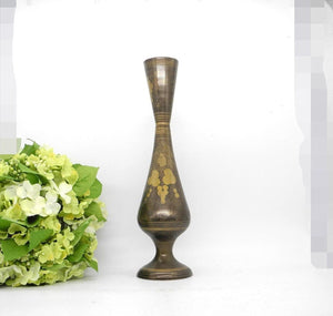 Vtg Tall Black Enamel Brass Vase with Floral Engraving,  Tall Vase