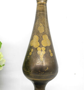 Vtg Tall Black Enamel Brass Vase with Floral Engraving,  Tall Vase