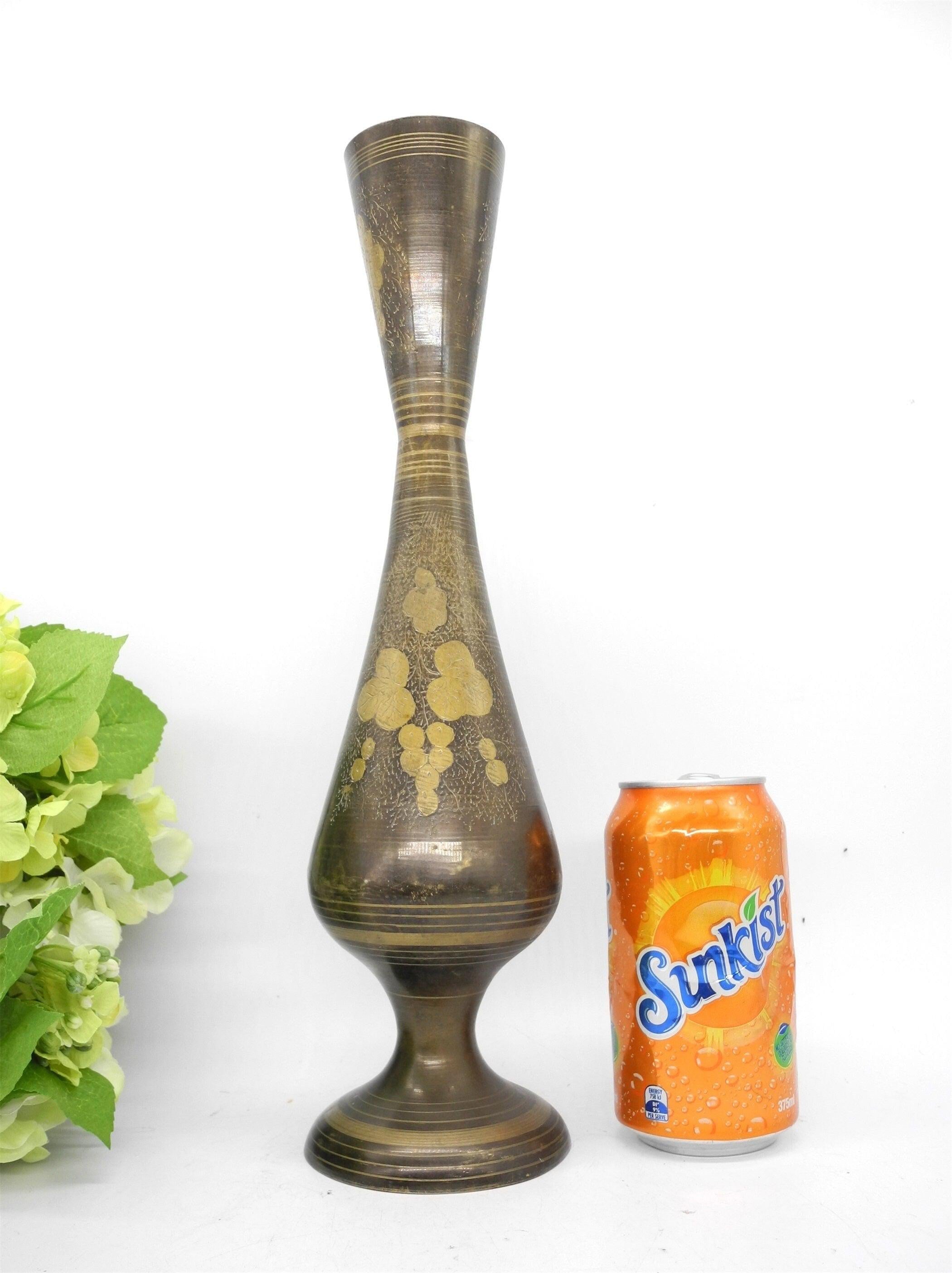 Vtg Tall Black Enamel Brass Vase with Floral Engraving,  Tall Vase