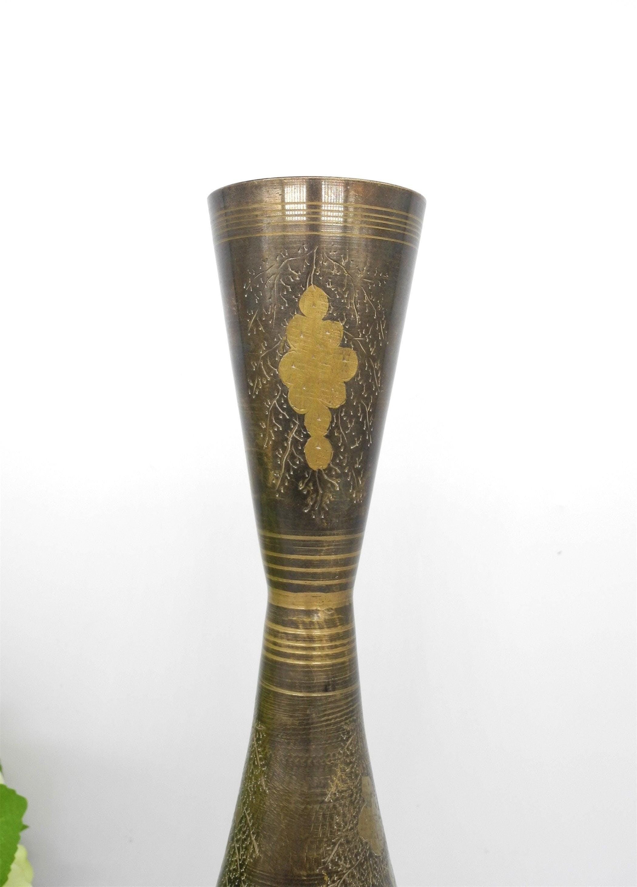 Vtg Tall Black Enamel Brass Vase with Floral Engraving,  Tall Vase