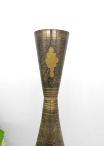Vtg Tall Black Enamel Brass Vase with Floral Engraving,  Tall Vase